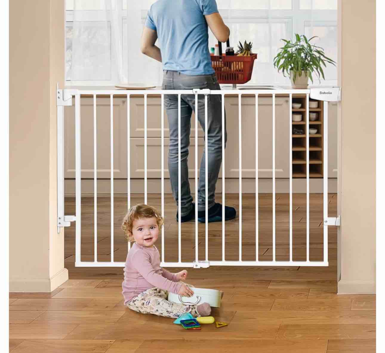 Babelio 29.7-46.5" No Bottom Bar Baby Gate for Stairs, Safety Pet Gates with Large Walk Thru Door, Hardware Mount Dog Gate for The House and Doorways, White