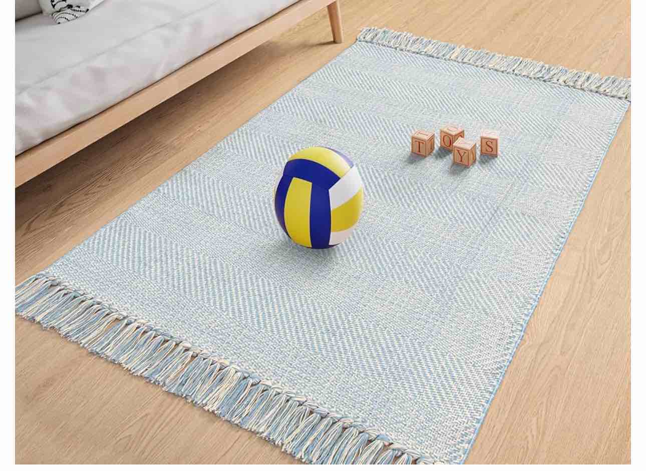 LEEVAN Blue Area Rug 3'x5', Washable Living Room Area Rug with Tassel, Small Balcony Area Rug, Farmhouse Cotton Woven Kitchen Layered Rug for Patio/Porch/Front Door
