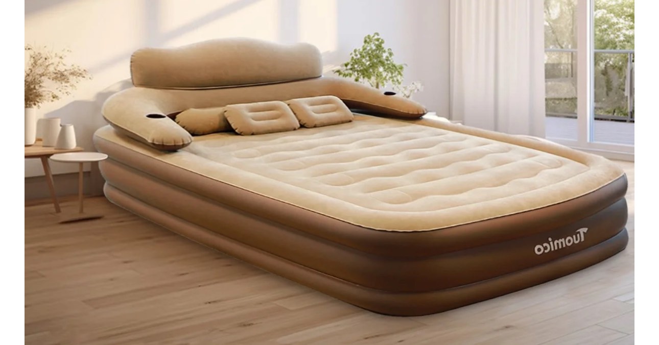 Hurber Inflatable Bed Double Leak-proof mattress with Electric Pump & Pillows Removable Backrest Multifunctional Foldable Air Sofa Guest Bed, 600lb Max(Brown, Queen Size)