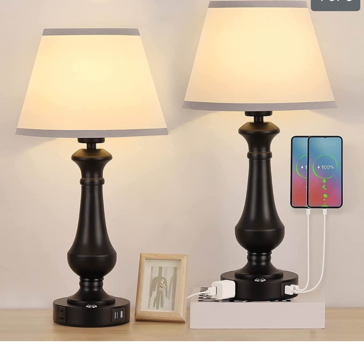 Touch Control Table Lamp 3 Ways Dimmable with 2 USB Charging Port 1 AC Outlet- Set of 2 - 2PCS
