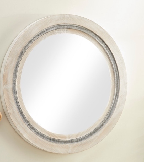 White Wooden Handmade Room Wall Mirror with Distressing - 34 x 3 x 34 Round