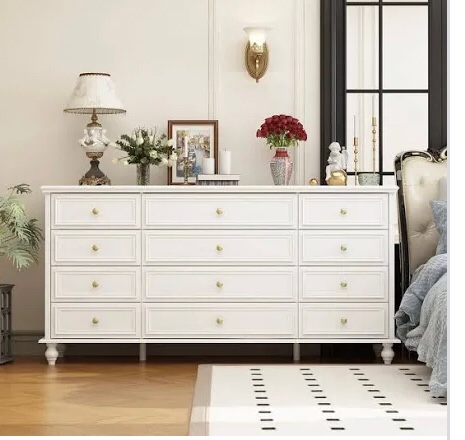 White Wooden 12-Drawer Chest of Drawers 63 in. W x 31.5 in. H x 15.7 in. D Dresser, Modern European Style KF390033-01RY