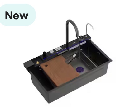 29.5 in. Drop-in Single Bowl Black 304 Stainless Steel Kitchen Sink Flying Rain Waterfall, Pull-Down Faucet Kitchen Set KF210311-01-L