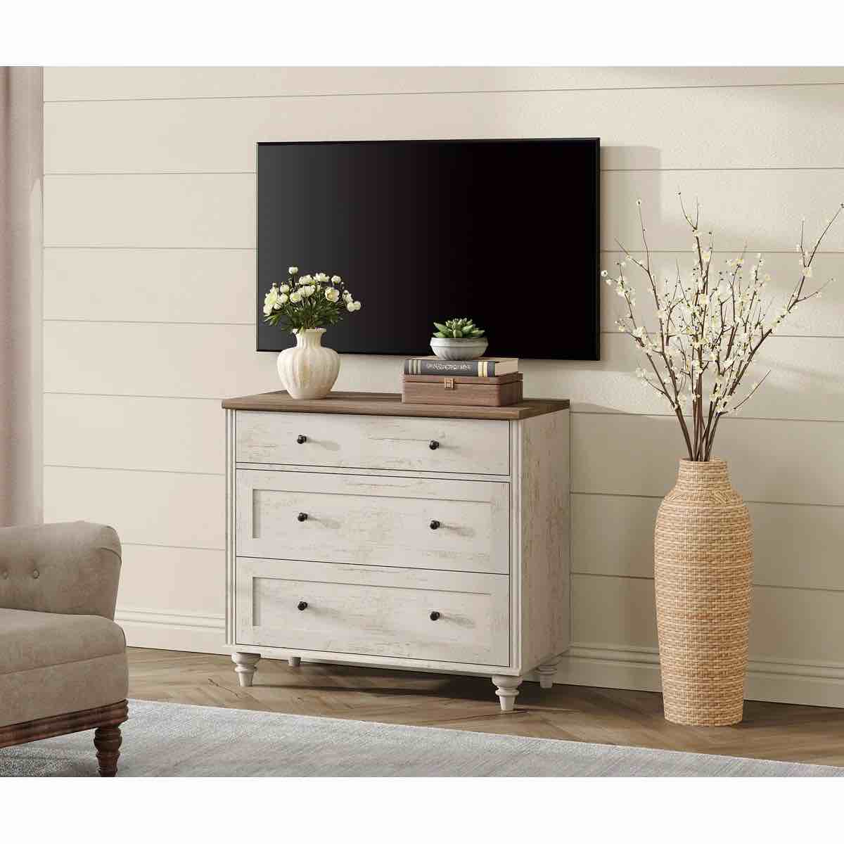Scarlett Dresser TV Stand For Bedroom, Mid Century Modern TV Console Table Dressers With 3 Chest Of Drawers 