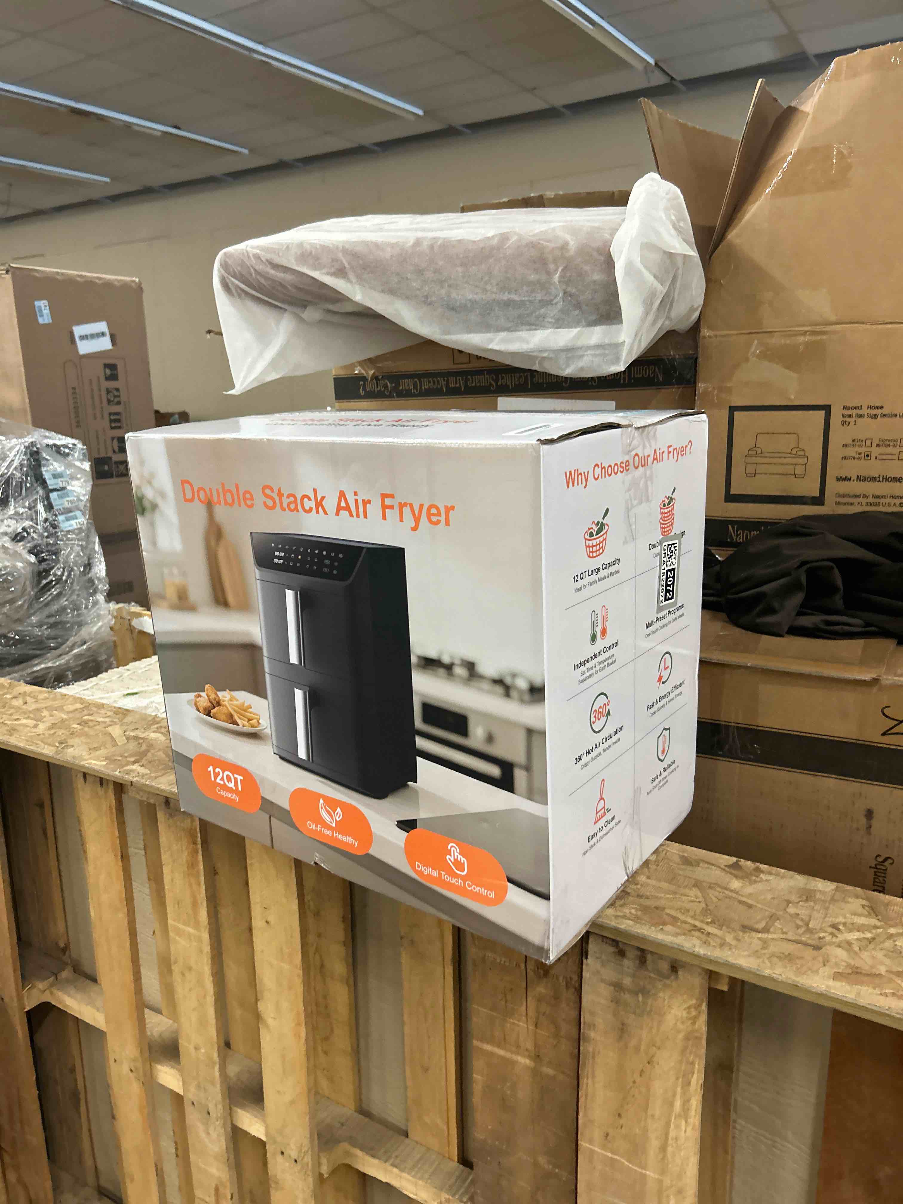 Condition photo showing New/Like New for dual basket air fryer, 12.6qt family-size for 10-12 people, xl basket for 6lb whole chicken, doublestack compact design, 10-in-1 functions with reheat, dehydrate & syncfinish, dishwasher-safe, black