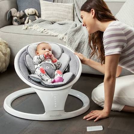 munchkin baby swing, portable and lightweight, bluetooth enabled electric infant rocker with natural sway in 5 ranges of motion, newborn nursery essentials, white/grey