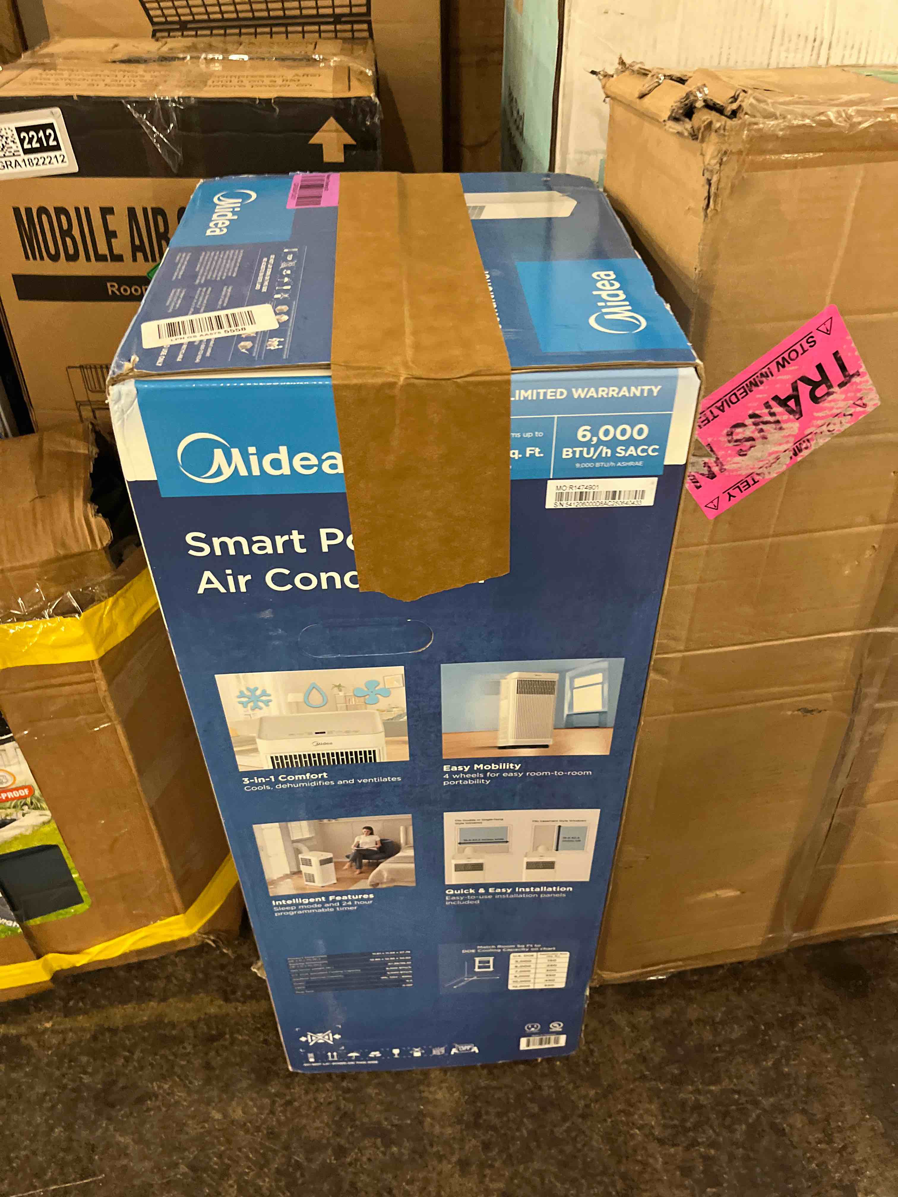 Condition photo showing New/Like New for midea 9,000 btu ashrae (6,000 btu doe/sacc) portable air conditioner, smart control, cools up to 250 sq. ft., with dehumidifier & fan mode, remote control & window installation kit included