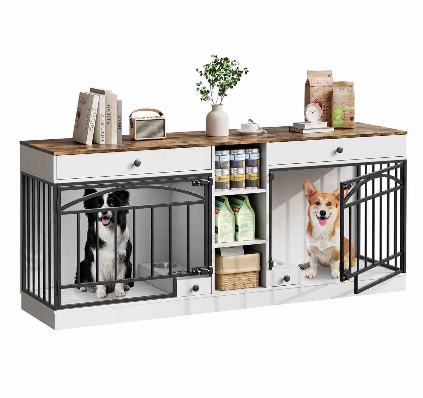 Condition photo showing New/Like New for garvee dog crate furniture for 2 dogs, 78.7" large dog kennel indoor with 2 storage drawers, 3 shelves and feeding bowls, double dog crate tv stand for small and medium dogs, white&brown top