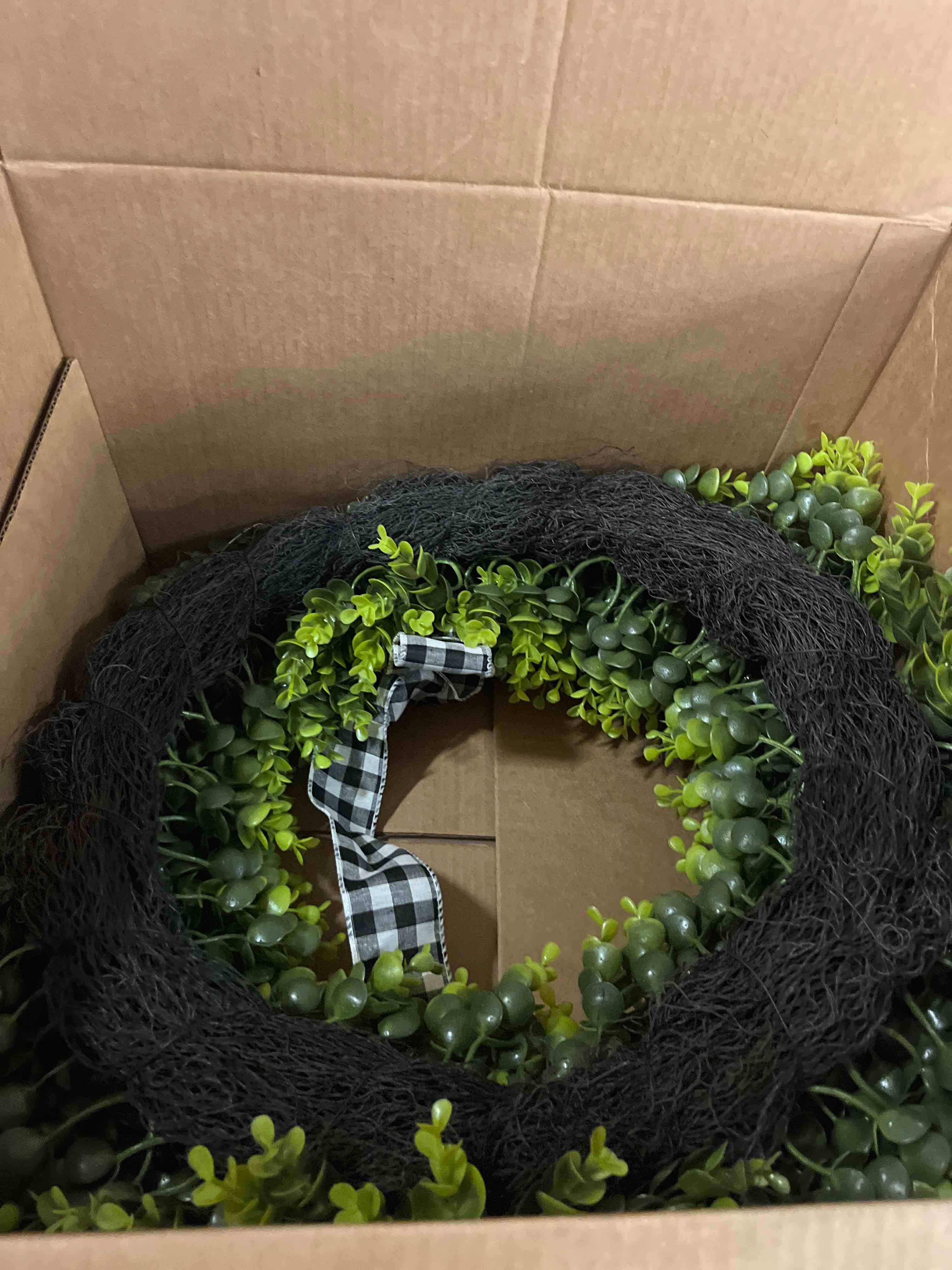 Condition photo showing New/Like New for vlorart 24" large boxwood wreath for front door, artificial greenery wreath with plaid bow, full lush spring summer farmhouse wall, window & wedding decor