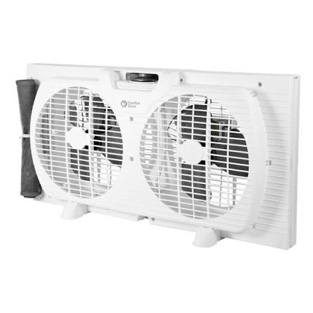 comfort zone 9-inch 3-speed reversible twin window fan - dual blade window exhaust fan with auto-locking expanders, 22.25" to 33" wide - tabletop feet & removable bug screen included white 3-speed