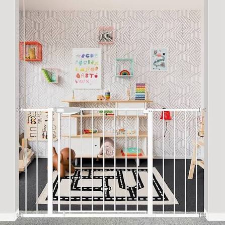 dearbb triple lock baby gate for stairs doorways and house 31" to 86" extra wide pressure mounted easy walk through auto close safety pet gate white 76.77-86.22"