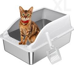stainless steel cat litter box, extra large xl odor free metal litter box with high sides lid, open top litter pan include scoop easy cleaning kitty cat box anti-urine leakage, non-sticky light grey x-large