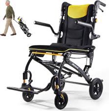 transport wheelchairs for adults lightweight foldable transport chair with telescopic handle, portable folding travel transfer wheel chairs for seniors yellow 18"