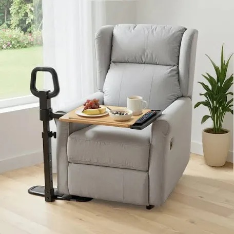 pelegon tray table, 360° swivel table for recliner, adjustable height with x-large table for eating and laptop, tv trays for couches & chairs with ergonomic stand assist safety handle for elderly wood