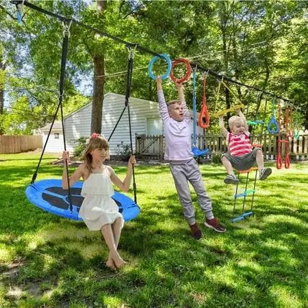 hapfan 65 ft ninja warrior obstacle course for kids with swing, ninja rope course with 11 obstacles for backyard outside, tree slackline jungle gym outdoor