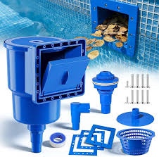 above ground pool skimmer, heavy duty through-wall mount pool skimmer kit with accessories, universal fit for standard wall openings, klein blue in-wall surface skimmer includes leak-free teflon tape