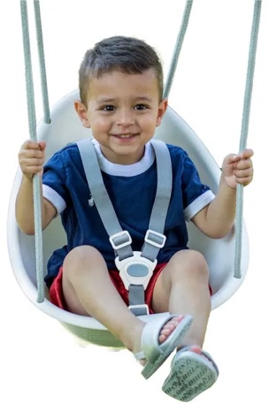 swurfer coconut toddler swing - comfy baby swing outdoor, 3- point adjustable safety harness, secure, safe quick click locking system, blister-free rope, easy installation, ages 6-36 months white