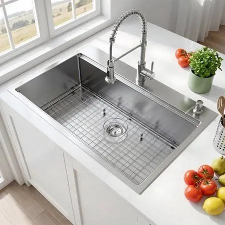 30x22 inch stainless steel kitchen sink - drop in single bowl topmount modern large kitchen sink with ss grid, colander,drain strainer set compatibility with various kitchen&bar style 30x22 stainless