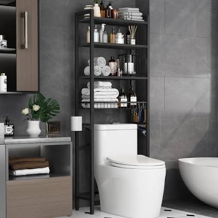 kalrin over-the-toilet storage rack, 4-tier bathroom organizer shelf over toilet with adjustable shelf and basket, freestanding space saver bathroom shelves above toilet for room (pure black)