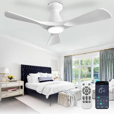 depuley 42-inch ceiling fans with lights: white 3 blade flush mount low profile ceiling fan for bedroom - dimmable indoor outdoor fan with remote app control ultra quiet dc motor timer white 42 inch