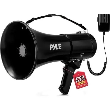 pyle 50w megaphone speaker pa bullhorn - built-in siren, adjustable volume control, 35mm aux input, 1554 meters range, perfect for sports events, emergency drills, and outdoor activities, black