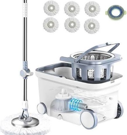 michao spin mop bucket deluxe 360 spinning floor cleaning system with 6 microfiber replacement head refills,62" extended handle,4x wheel for home cleaning