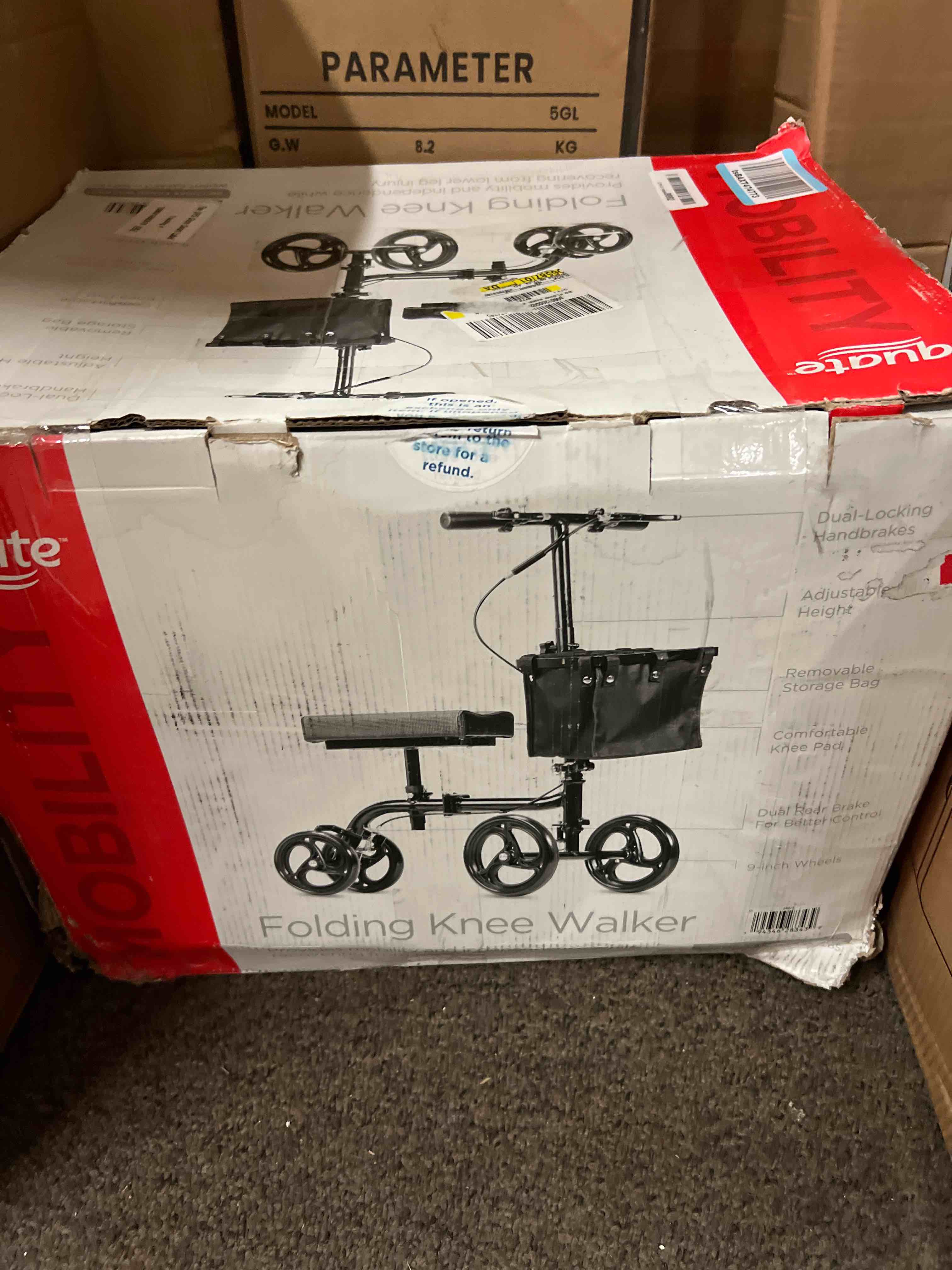 Condition photo showing New/Like New for equate folding knee walker alternative to crutches, 10in front wheels, 350lb weight capacity