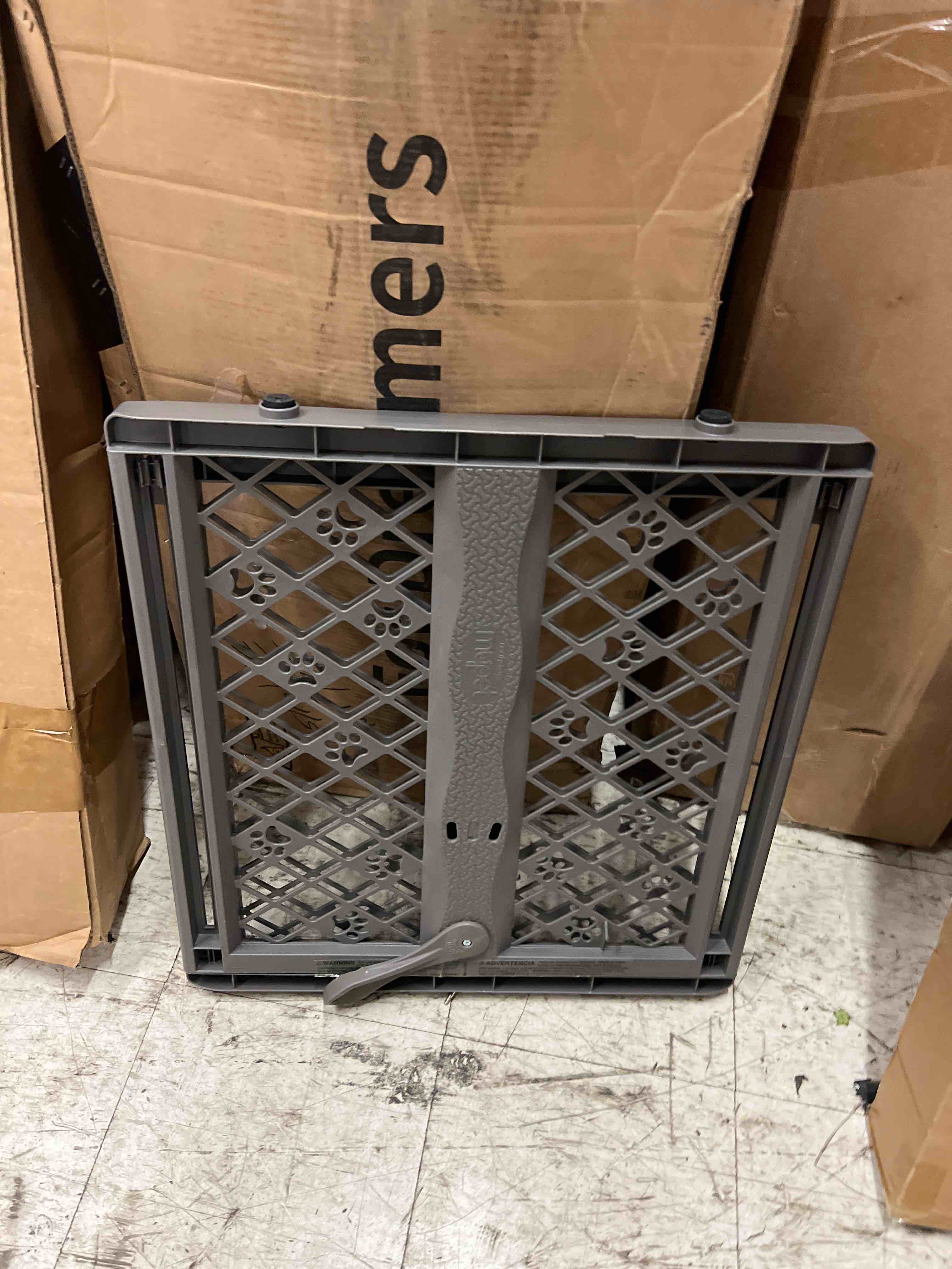 Condition photo showing New/Like New for mypet paws portable pet gate: 26-40" wide expandable, pressure mounted no tools needed, durable dog gate for doorways, made in usa, 23" tall, fieldstone gray