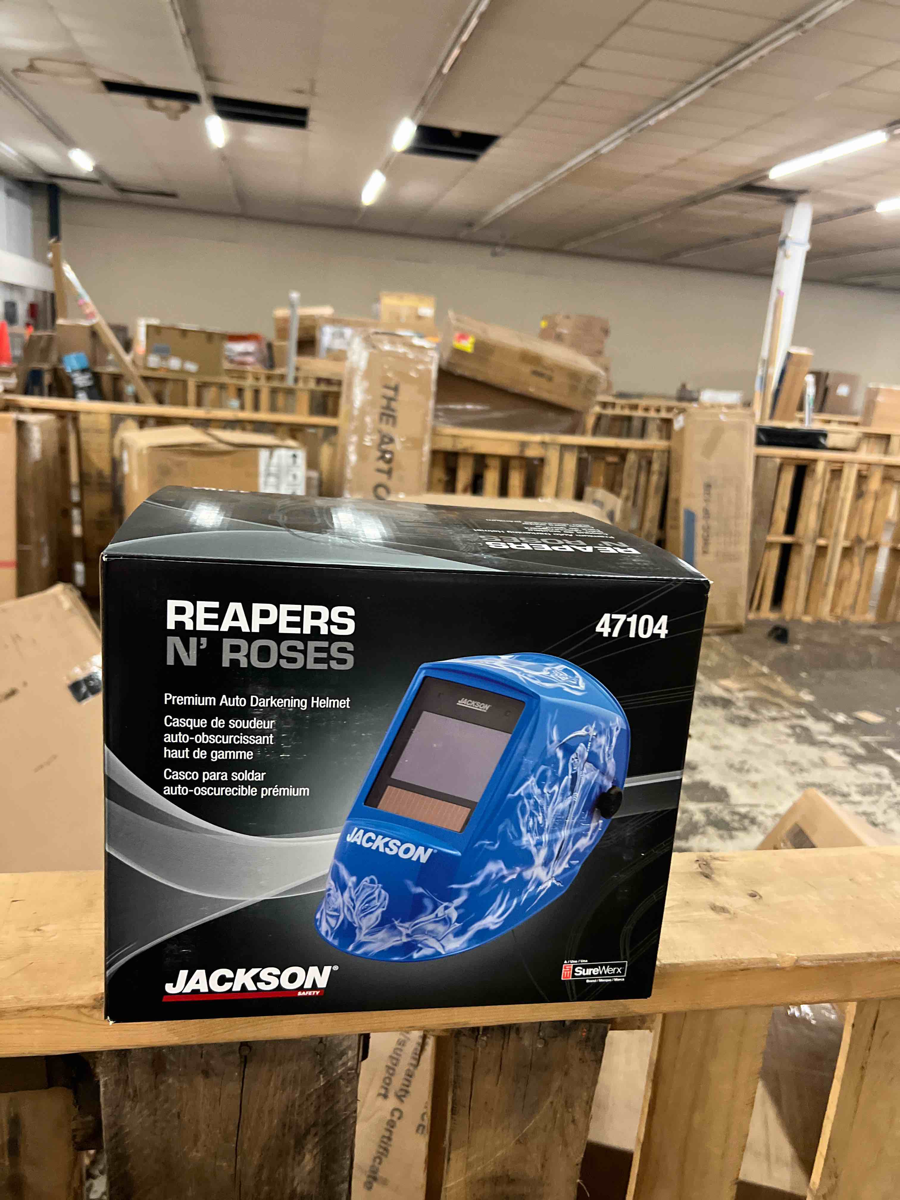 Condition photo showing New/Like New for jackson safety welding helmet - auto darkening - nylon - 3.94 x 2.64 viewing area - shade 10 fixed adf 1/1/1/1 - 370 speed dial headgear - reapers n roses graphics