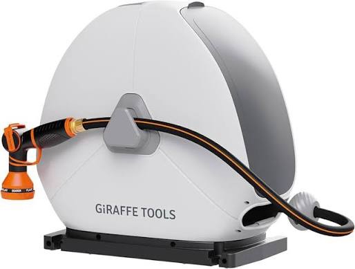 giraffe tools retractable heavy duty hose reel, 1/2" x 82ft automatic rewind garden hose reel with 360° swivel base, ground mounted for lawn, patio, concrete floor & yard watering 1/2 inch 82 ft