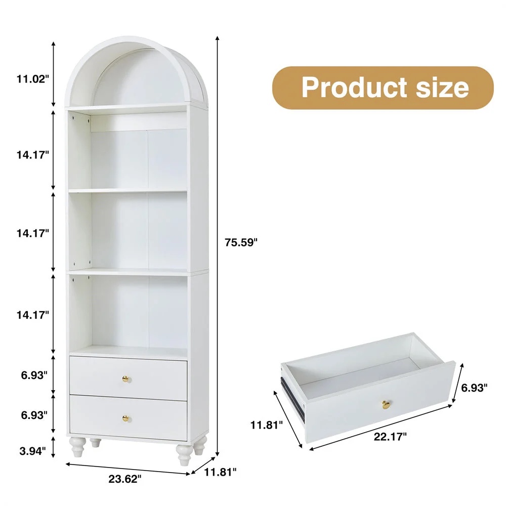 Condition photo showing New/Like New for 75.6" tall wood bookcase storage cabinet 4 shelf arched bookshelf with 2 drawers
