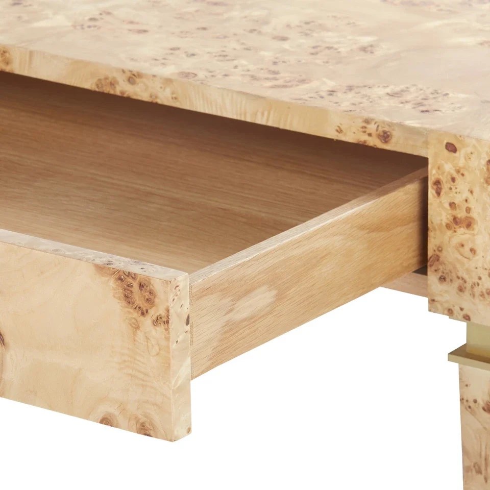 Condition photo showing New/Like New for france & son helena desk villa & house villa-hln-350-24 desks france & son dimensions: 48w x 22.25d x 30.25h colors: burl materials: clear lacquered natural burl mappa wood and veneers brushed cast