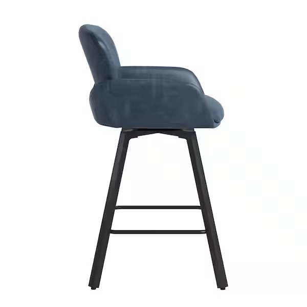 Condition photo showing New/Like New for modern 26 in. blue faux leather low back metal swivel bar stools counter stool with armrest and footrests (set of 3)