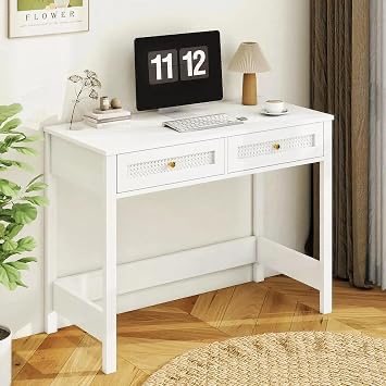 Condition photo showing New/Like New for modern white rattan 40 inch computer desk with 2 drawers for small spaces, home office study or bedroom, 39.5w x 17.8d x 29.5h