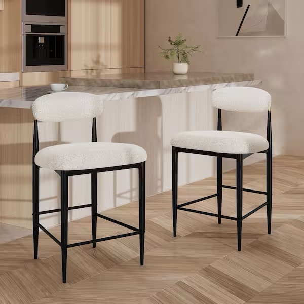 Condition photo showing New/Like New for 26 in. white boucle counter height bar stool set of 2, dining room armless chair barstools for kitchen island
