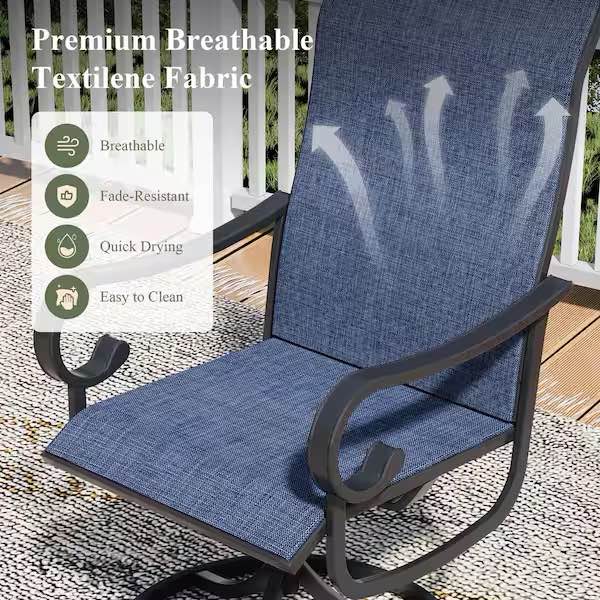 Condition photo showing New/Like New for navy blue outdoor swivel dining chairs set with textilene mesh and high back set of 2