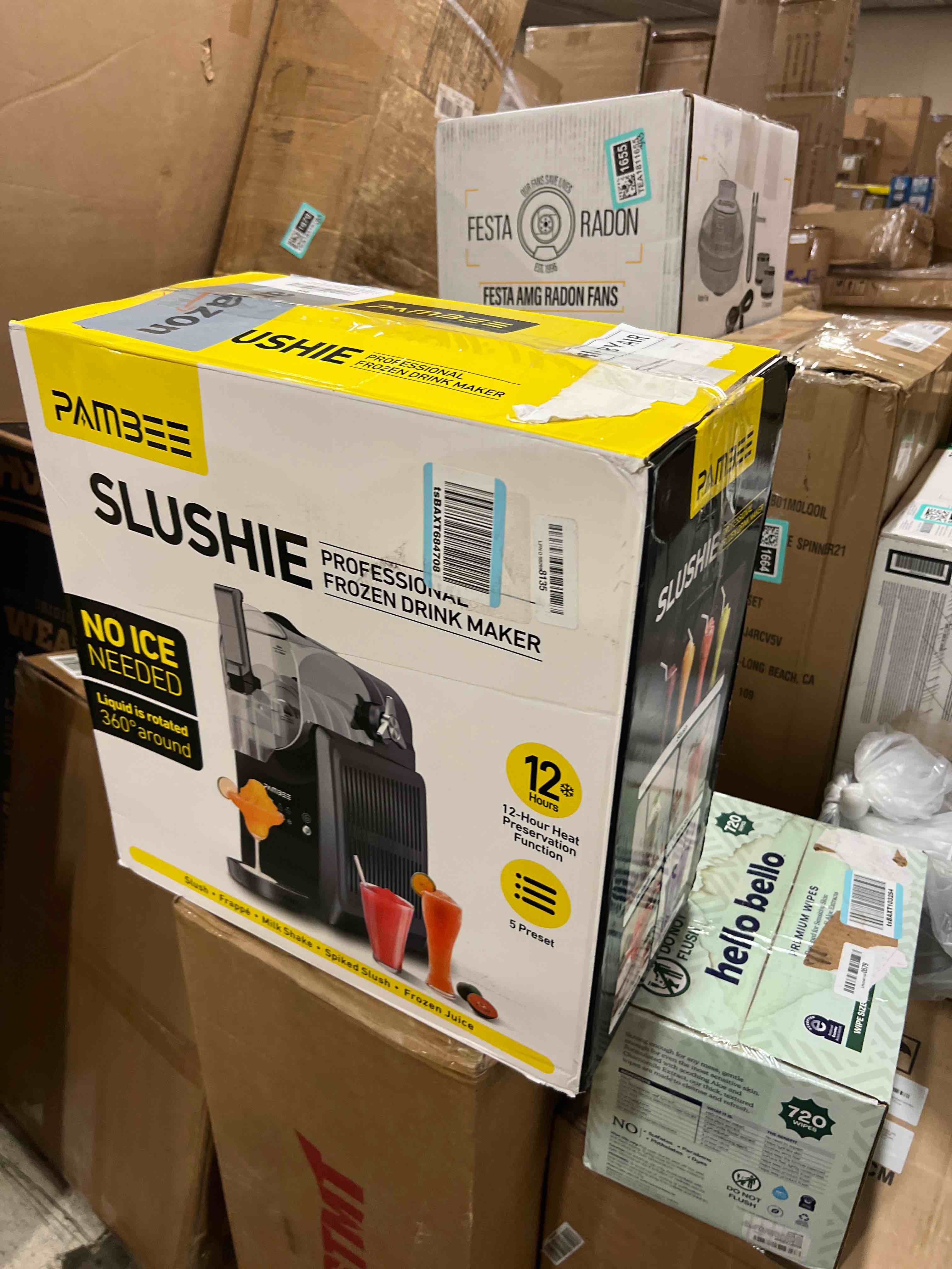 Condition photo showing New/Like New for pambee 88oz slushie machine, no ice needed frozen drink maker for home, self-cleaning, 5 preset menus & 5 temp settings slushy machine for margarita, frappés, milkshakes and more dark gray