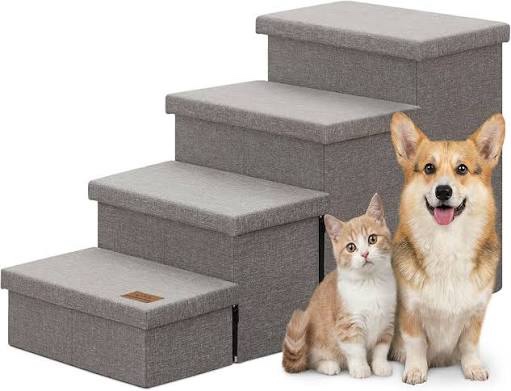 4-step wide dog stairs with storage 23" h, non-slip sturdy pet steps for high bed couch window, pet stairs for small/medium/large old dogs cats up to 220lbs, cat dog steps for car/suv, grey light grey 4 4-steps storage (40"d x17"w x23"h)