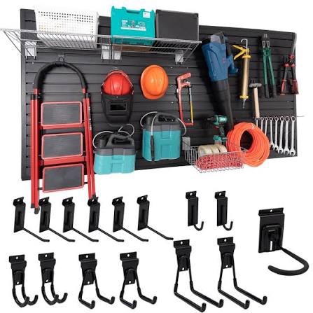 frayscent slat wall paneling garage slat wall storage systems slatwall panels power tool organizer wall mount, pvc garage storage & organization products slate board (black, 4ft x 8ft with 15 hooks) 4x1ft-8pcs(15-hooks) black