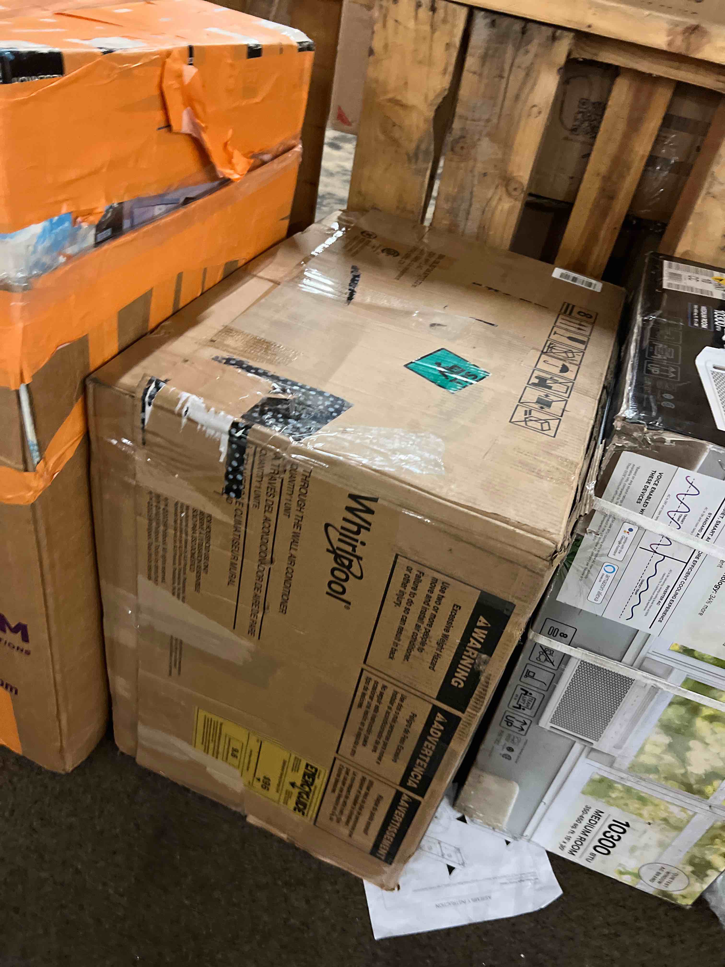 Condition photo showing New/Like New for whirlpool 12,000 btu through the wall air conditioner, 115v, cools up to 550 sq. ft for living room, bedroom, kitchen, apartment, with dehumidifier, remote control, digital display, 24h timer, white