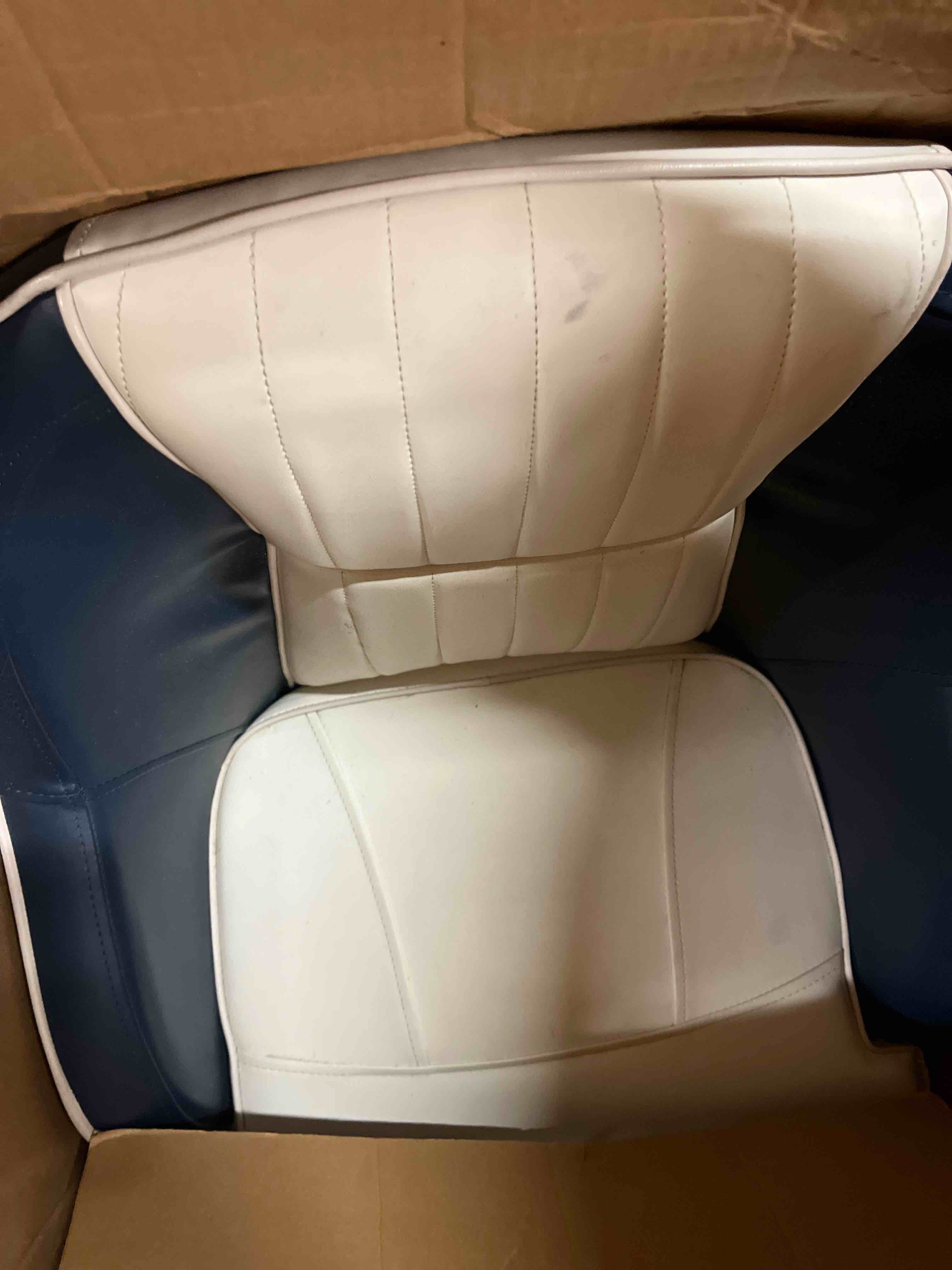 Condition photo showing New/Like New for goplus pontoon boat seat, ergonomic cabin caption chair w/thick cushioned seat, luxury bucket seat for fishing, sightseeing, sailing, blue & white