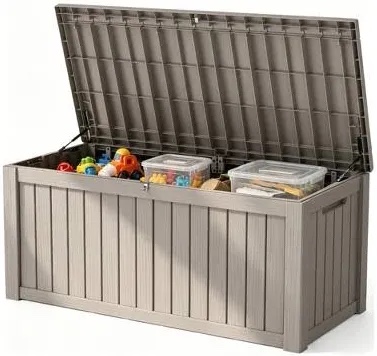 Condition photo showing New/Like New for keter westwood 150 gallon resin large outdoor storage box for patio furniture, outdoor cushions, garden tools and pool floats, light grey