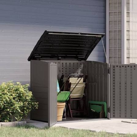 Condition photo showing New/Like New for suncast modernist 4' x 2.5' lockable outdoor garden resin low profile horizontal storage shed with 3 doors, 34 cubic feet, gray