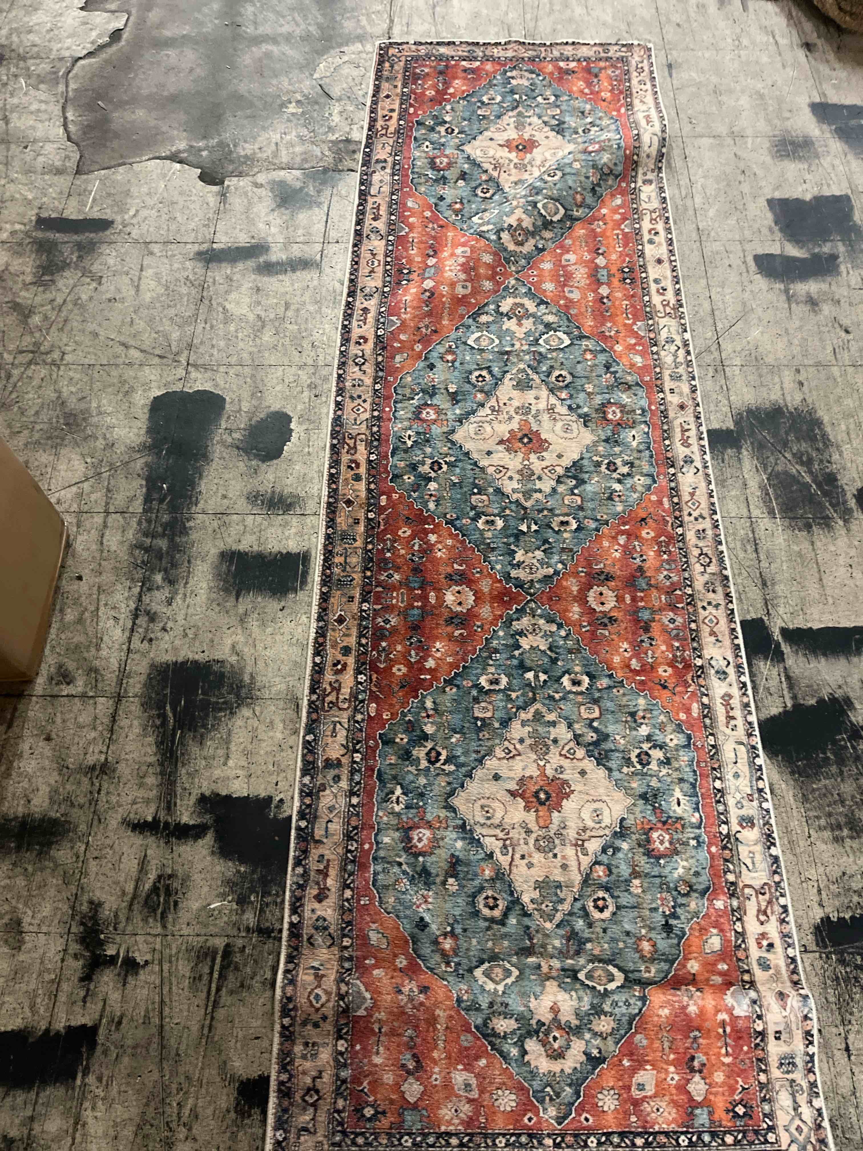 Condition photo showing New/Like New for lahome felice boho tribal 2x8 washable kitchen runner rug, soft rug runners for hallways non slip, vintage oriental indoor throw bathroom carpet runner for entryway bedroom (rust/dull teal,2x8ft)