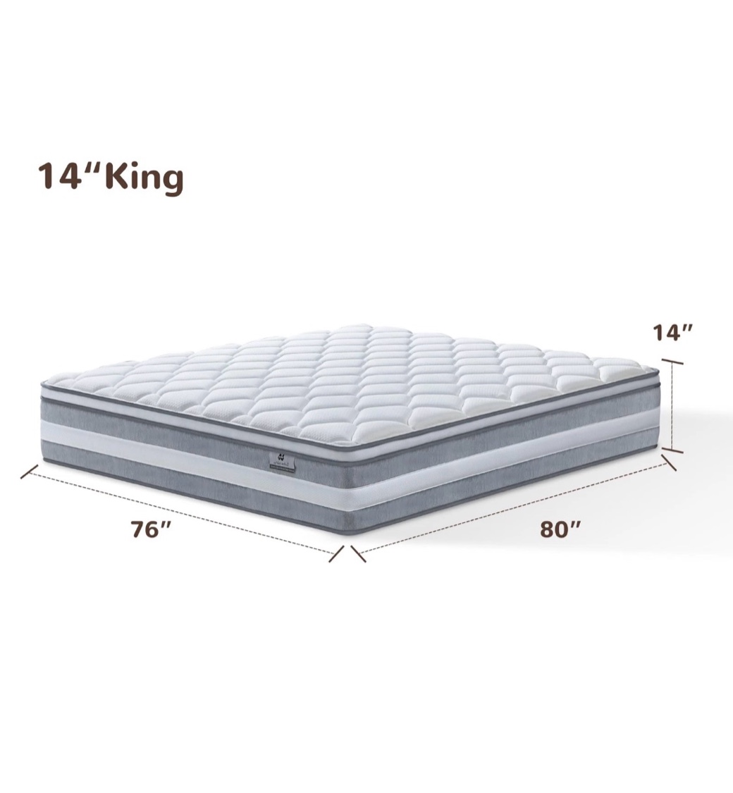 Condition photo showing New/Like New for naruchu king size mattress, 14 inch hybrid mattresses in a box