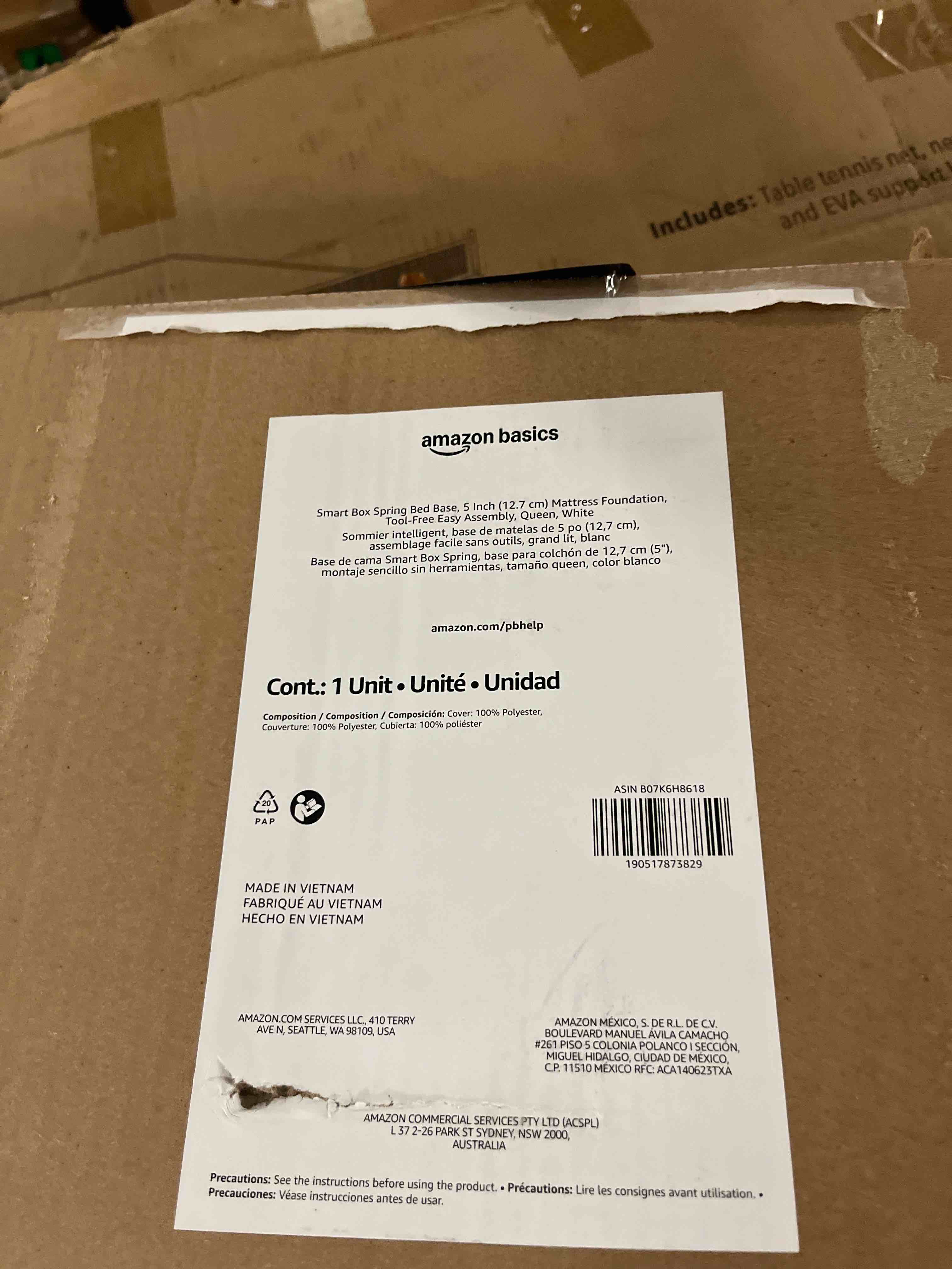 Condition photo showing New/Like New for amazon basics smart box spring bed base, 5-inch low profile height mattress foundation, sturdy durable steel support, tool-free easy assembly, queen, 79" x 59.5" x 5", white