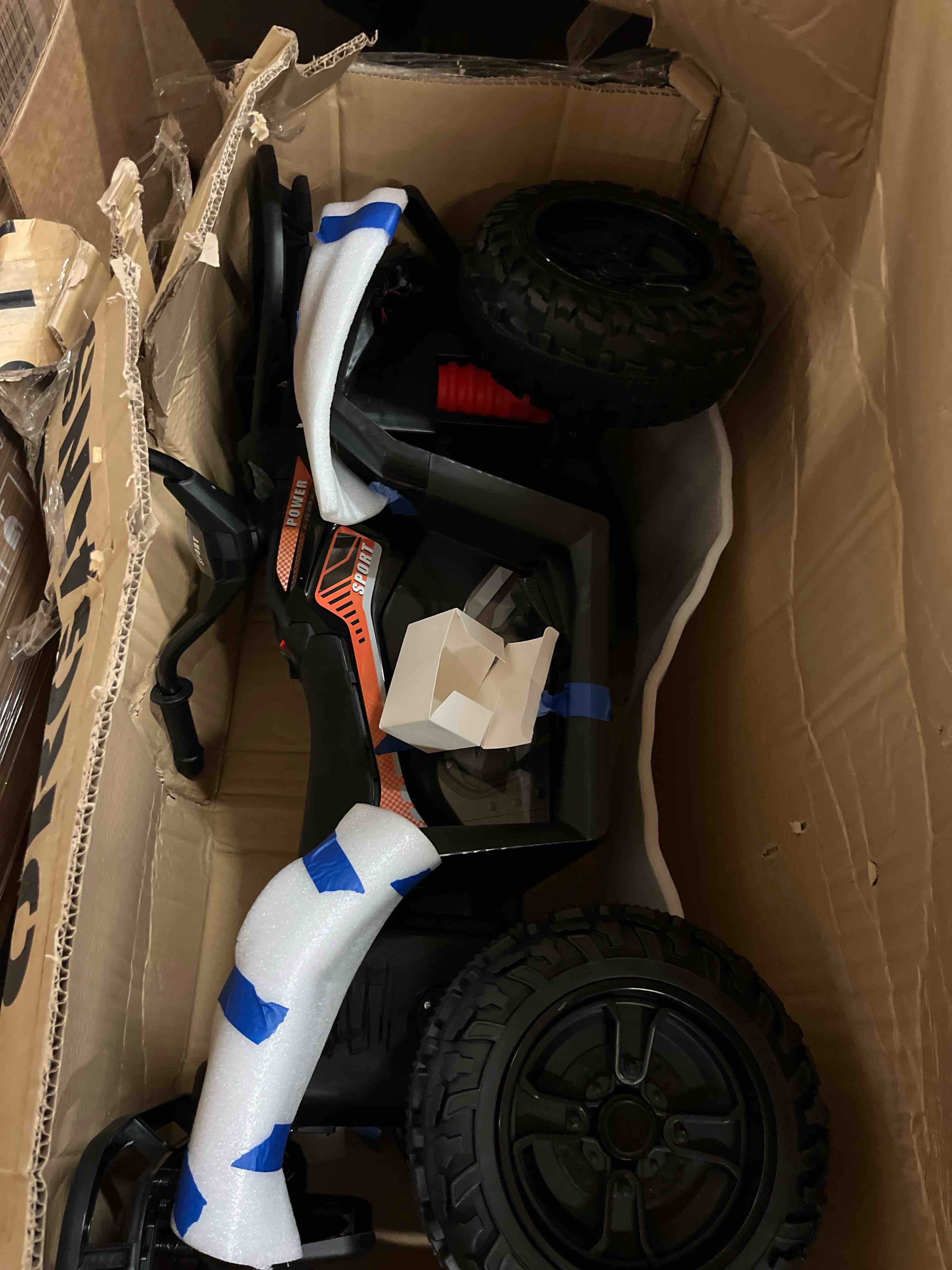 Condition photo showing New/Like New for olakids 12v kids atv quad with 2 speeds, spring suspension, led lights, music & story player, big tires, 2 storage spaces, ride on car for boys girls ages 3+ (12v, black)