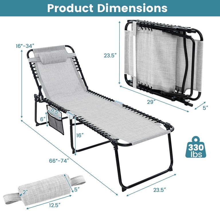 Condition photo showing New/Like New for costway gray folding beach and lawn lounge chair featuring an adjustable backrest , np13570hs