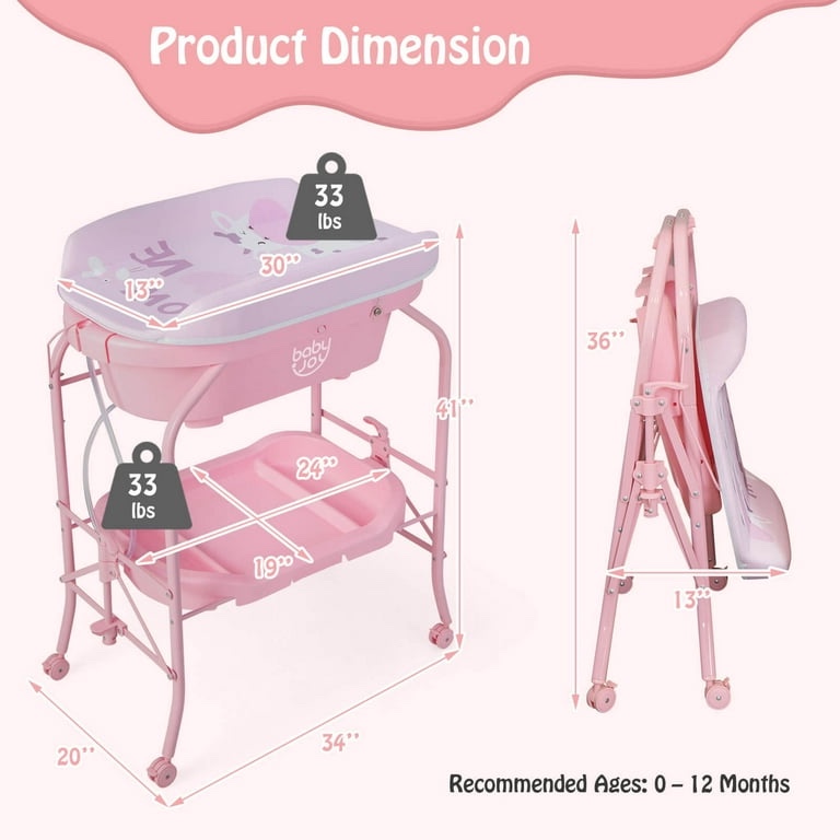 Condition photo showing New/Like New for babyjoy changing table with bathtub folding portable diaper station steel 0-12 months pp pink