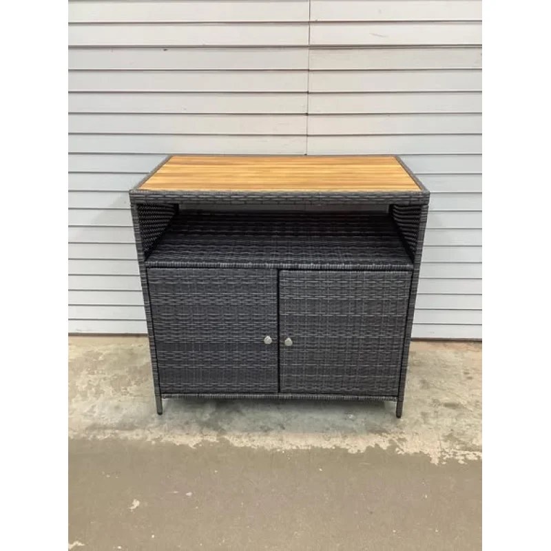 Condition photo showing New/Like New for tangkula rattan outdoor storage cabinet, patiojoy outdoor cabinet with acacia wood countertop, open compartment, 2-door wicker sideboard, outdoor bar for patio garden backyard poolside (mix brown)